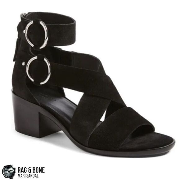 RAG & BONE MARI SUEDE STRAPPY SANDAL IN BLACK BLOCK HEEL LEATHER WOMEN’S SIZE 7 - Picture 2 of 12